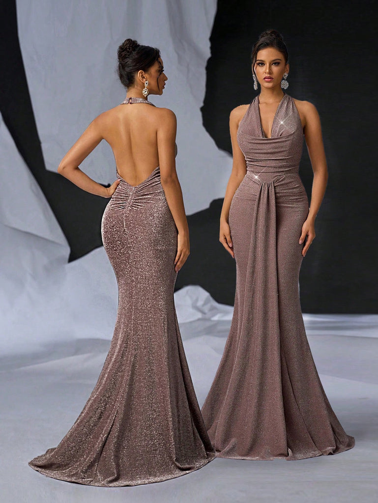 Elegant Glitter Draped Neck Mermaid Maxi Dress