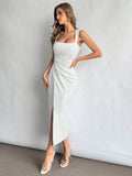 Elegant Square Neckline Slit Dress