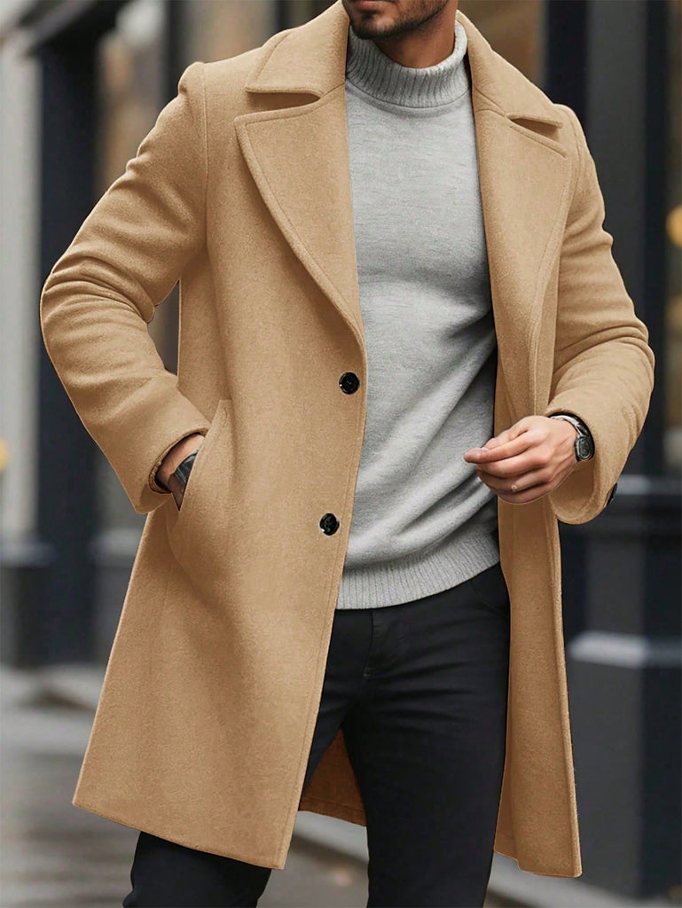 Men's Solid Color Long Sleeve Button-Front Overcoat