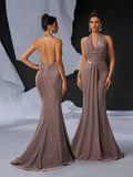 Elegant Glitter Draped Neck Mermaid Maxi Dress