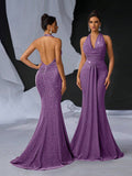 Elegant Glitter Draped Neck Mermaid Maxi Dress