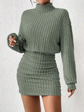 Frenchy Women'S High Neck Ribbed Drop Shoulder Long Sleeve Sweater Textured Fabric Dress