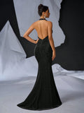 Elegant Glitter Draped Neck Mermaid Maxi Dress