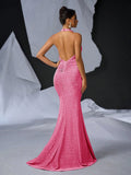 Elegant Glitter Draped Neck Mermaid Maxi Dress