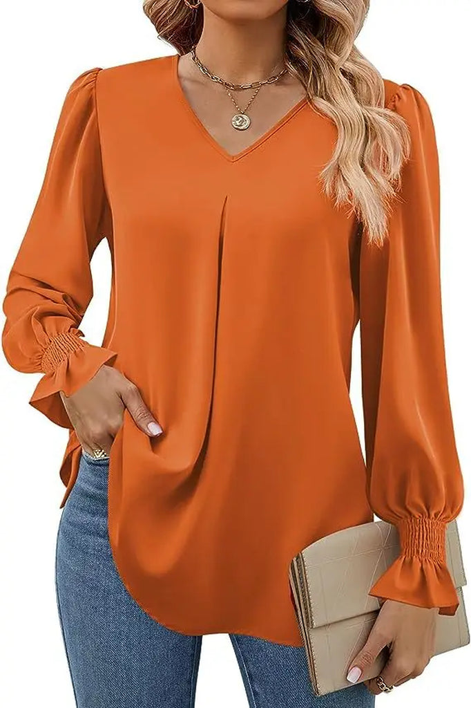 Women's V-Neck Chiffon Blouse with Flared Sleeves