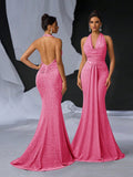 Elegant Glitter Draped Neck Mermaid Maxi Dress