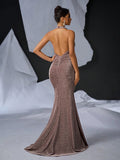 Elegant Glitter Draped Neck Mermaid Maxi Dress