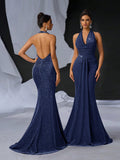 Elegant Glitter Draped Neck Mermaid Maxi Dress