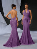 Elegant Glitter Draped Neck Mermaid Maxi Dress