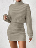 Frenchy Women'S High Neck Ribbed Drop Shoulder Long Sleeve Sweater Textured Fabric Dress