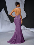 Elegant Glitter Draped Neck Mermaid Maxi Dress