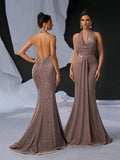 Elegant Glitter Draped Neck Mermaid Maxi Dress