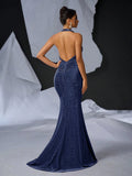 Elegant Glitter Draped Neck Mermaid Maxi Dress