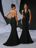 Elegant Glitter Draped Neck Mermaid Maxi Dress