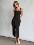 Elegant Square Neckline Slit Dress